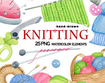 Knitting Watercolor Clipart, Hand Drawn Yarn & Knitting Needles, Cozy Craft Clipart Bundle, Instant Download, 25 PNG Elements