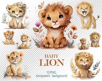 Cute baby Lions set, Watercolor clipart, Kids Sublimation Design, Animal Nursery Clipart, Commercial Use PNG