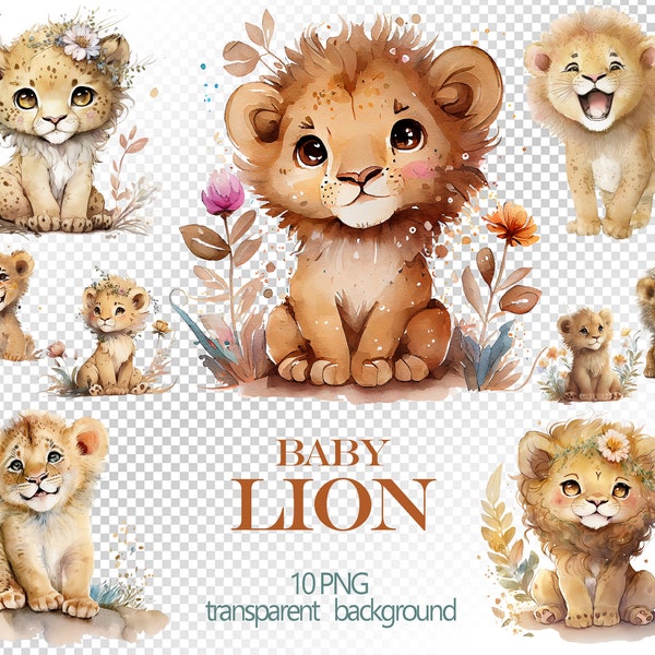 Cute baby Lions set, Watercolor clipart, Kids Sublimation Design, Animal Nursery Clipart, Commercial Use PNG