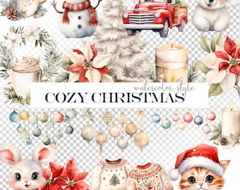 Watercolor Christmas Clipart Bundle: Boho Animals & Ornaments (PNG)