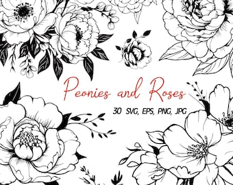 Floral Clipart Set – Hand Drawn Line Art Flowers, Peonies and Roses, BW Botanical Illustrations (Png, Svg, Eps, Jpg for Cricut & Silhouette