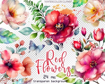 Watercolor red flower clipart set. Digital flowers clip art. Instant Download, Commercial Use, Clipart for sublimation