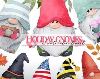 Watercolor Christmas Gnome Clipart PNG, Holiday Gnomes Set, Cute Scandinavian Tomte, Winter Clipart, Instant Download, 12 PNG