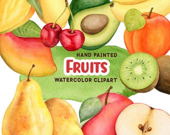 Watercolor fruits clipart, fruit PNG set, pear lemon apple banana cherry kiwi illustration, kitchen decor, digital download