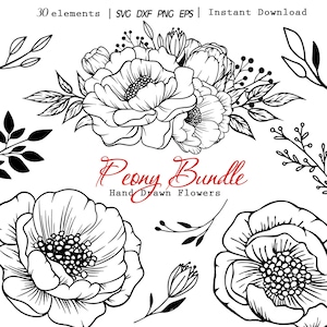 Peony SVG Bundle – Hand Drawn Floral Line Art Clipart, Flower Outline Png Svg Eps Dfx for Cricut & Silhouette (Instant Download)