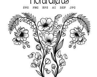 Floral Uterus SVG, Botanical Womb Line Art, Midwife and OBGYN Gift, Female Anatomy Flowers Clipart for Cricut, Feminist SVG,Instant Download