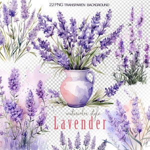 Watercolor Lavender PNG bundle. Provence floral clipart. Purple Flowers for Wedding Invitations,
