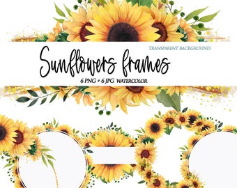 Watercolor Sunflower Clipart: Floral Wreaths & Frames (PNG JPG Digital Download