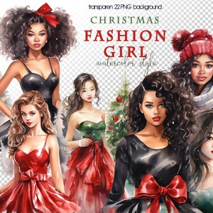 Fashion Girl Clipart, Cozy Christmas Woman png, Black girl Sublimation Design, Watercolor Christmas planner fashion girl, Commercial Use