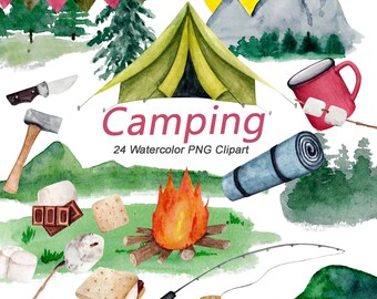 Camping Clipart PNG, Watercolor Camp Set, Outdoor Adventure Clipart, Kids Camping Party Decor, Campfire PNG, Instant Download