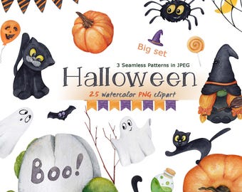 Halloween watercolor clipart set pumpkins ghost black cat png, spooky witch gnome clip art, seamless patterns digital download