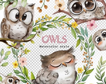 Cute Owl and flowers set, Owl Watercolor clipart,Birds PNG Woodland Animal Clipart, Kids Sublimation Design, Nursery clipart, Commercial Use