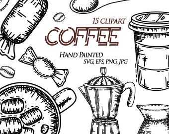 Coffee Clipart Set – Hand Drawn Coffee Beans, Cup, Espresso Maker, Vintage Coffee Illustration (Png, Svg, Eps, Jpg for Cricut & Silhouette)