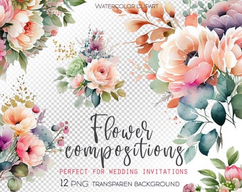 Watercolor Wedding flower compositions clipart. Digital flowers clip art, bast for wedding invitations. Instant Download, Commercial Use