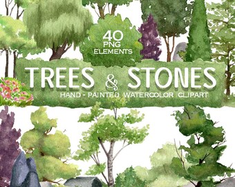 Watercolor Trees and Stones Clipart Set - Green Landscape PNG Bundle, Nature Elements, Garden Plants, Forest Tree Clipart, Digital Download