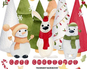 Christmas watercolor clipart set – cute winter animals, holiday trees, festive PNG elements, instant download digital art