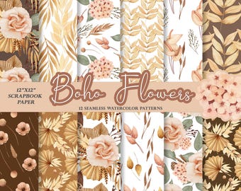 Boho Floral Digital Paper: Watercolor Pampas Grass Patterns (12"x12" JPEG Download)