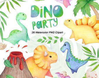 Dinosaur Clipart PNG, Baby Dino Party Set, Kids Birthday Clipart, Cute Watercolor Dinosaurs, Invitation PNG, Instant Download