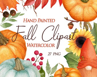 Hand Painted Watercolor Fall Clipart PNG, Autumn Pumpkins and Sunflowers, Thanksgiving Gnome, Harvest Leaves, Digital Download