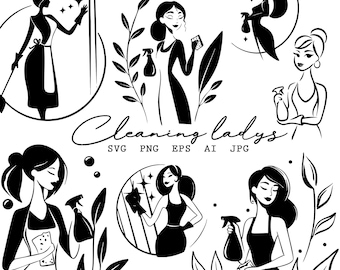 Cleaning Lady Logo Clipart: Housekeeping SVG Bundle, Maid Branding