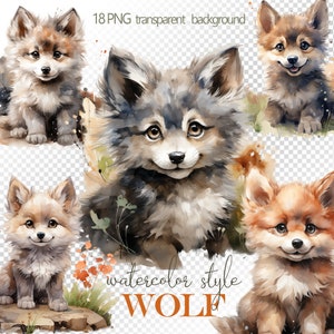 Watercolor Baby Wolf Clipart PNG, Cute woodland Animal Clipart png, Wolf download Design Bundle, transparent background