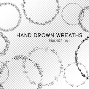 Hand Drawn Wreath Clipart, Digital Wreaths, Wedding Clipart, Floral frame PNG, Leaves, Printable, Commercial Use