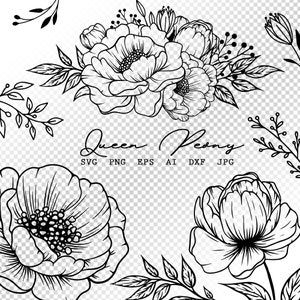 Peony SVG bundles cut files, Boho  Floral Line Art, Peony png clipart flower outline svg, flower bouquet svg for cricut, Instant download