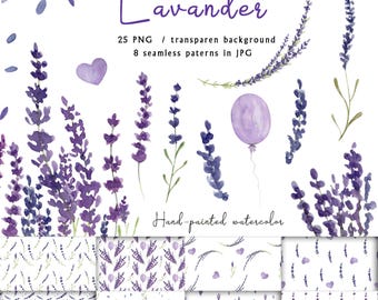 Lavender Watercolor Clipart, Hand Painted Lavender PNG, Purple Floral Seamless Pattern, Wedding Clipart Bundle, Instant Download