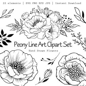 Peony SVG Bundle – Hand Drawn Floral Line Art Clipart, Flower Outline Png Svg Eps Jpg Dfx Ai for Cricut & Silhouette (Instant Download)