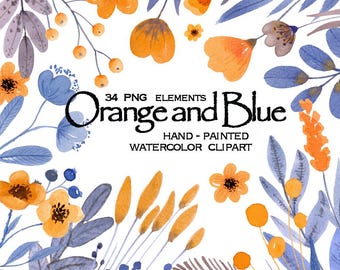 Watercolor Flowers Clipart Orange and Blue – Hand Painted Floral PNG Bundle, Wedding Invitation Graphics, Scrapbooking Digital Download