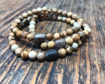 Stay True Picture Jasper Mens Mala Bracelet, Mens Bracelet, Mens Yoga Jewelry, Fathers Day Gift, Mens Gift