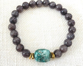Pulsera Mala de labradorita, turquesa y latón, pulsera de mujer, pulsera boho, joyería de yoga, pulsera unisex