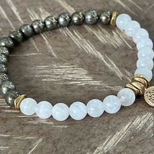 GROUNDING LIGHT Mondstein + Pyrit Mala Armband • Yoga Armband • Boho Armband • Mondstein Armband