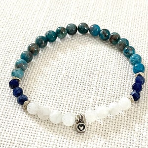 Apatite + Moonstone + Sodalite Heart Charm Bracelet, Womens Bracelet, Boho Bracelet, Blue Gemstone Bracelet, Valentines Gift