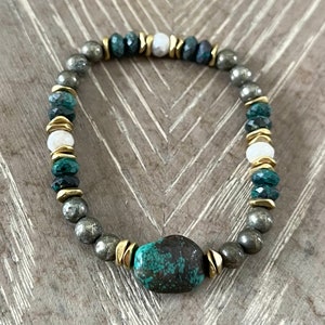 Turquoise + Moonstone + Pyrite + Brass Bead Bracelet, Turquoise Bracelet, Woman’s Bracelet, Boho Bracelet