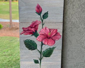 Hand Painted Hibiscus Flower / Hydrangea Flower / Cotton Stem on wood