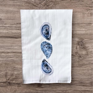 Oyster Tea Towel /Flour Sack Towel / Printed Watercolor Oyster Design / Coastal Decor / Personalized hand towel