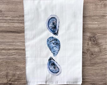 Oyster Tea Towel /Flour Sack Towel / Printed Watercolor Oyster Design / Coastal Decor / Personalized hand towel