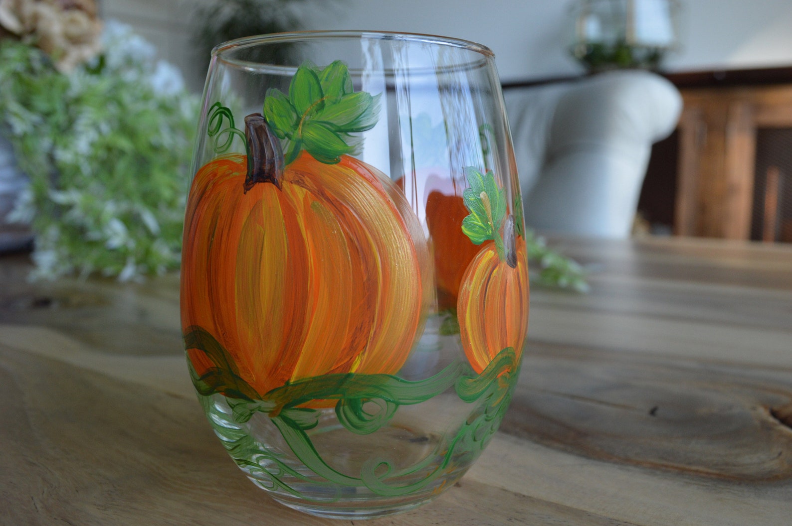 Hand Painted Wine Glasses / Pumpkin Wine Glass / Fall Leaves Etsy