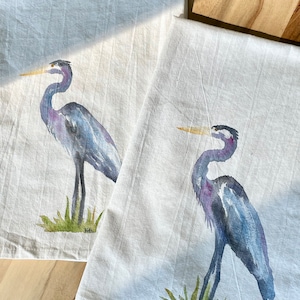 Hand painted Heron Tea Towel / Kitchen Towel / Coastal Kitchen Decor