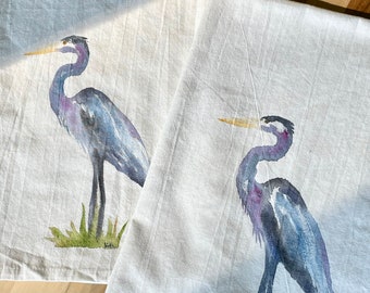 Hand painted Heron Tea Towel / Kitchen Towel / Coastal Kitchen Decor