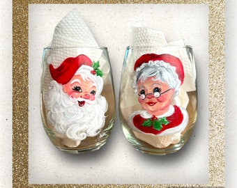 Hand Painted Old Fashioned Mr. & Mrs. Santa Claus Wine Glass