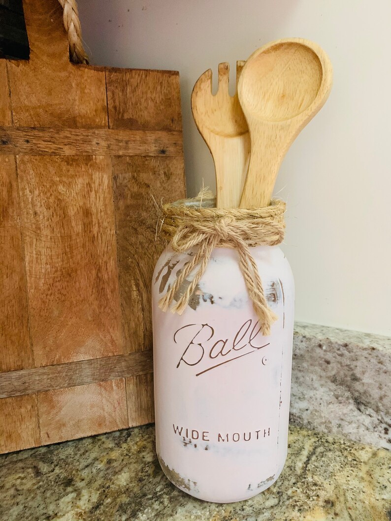 Painted Mason Jar Utensil Holder Farmhouse Home Decor Etsy