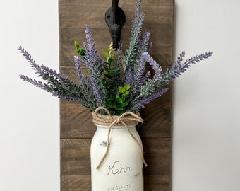 Wall Hung Mason Jar With Lavender and Boxwood