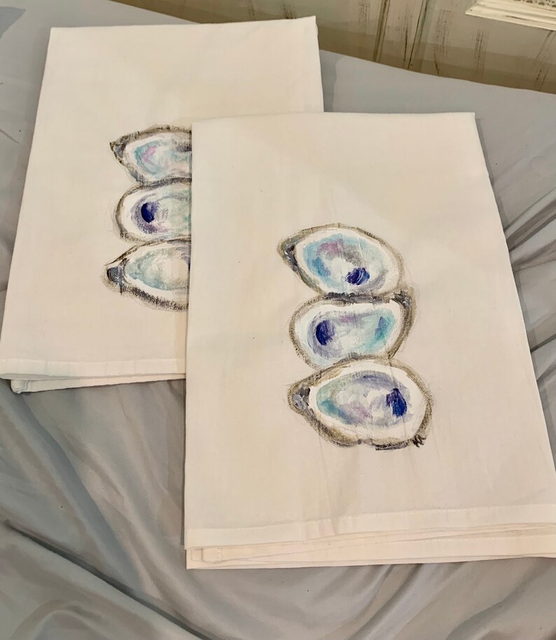 Hand Painted Oyster Shell Tea Towel / Kitchen Towel Etsy