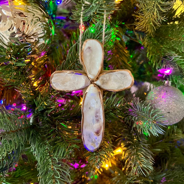 Oyster Shell Cross Ornament/ Christmas Cross Ornament / Religious Ornament / Oyster Shell Ornament