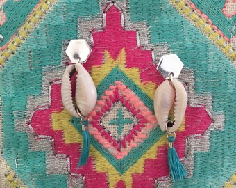Shell, turquoise blue tassel earrings, summer jewelry