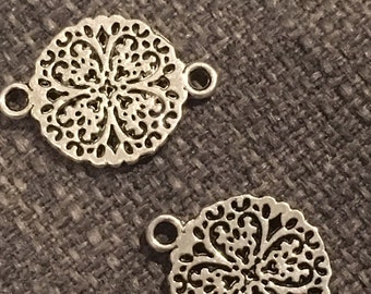 round charms, connector pendant, silver metal, flower