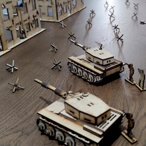 Wooden tank toy with soldiers and ruins.Army tanks toy for children's gift. Military playset with wooden soldiers, tanks, and ruins