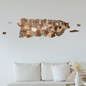 Carte de Porto Rico pour décoration murale. Carte en bois de Porto Rico, carte 3D de Porto Rico. Comtés de Porto Rico et carte routière en cadeau.